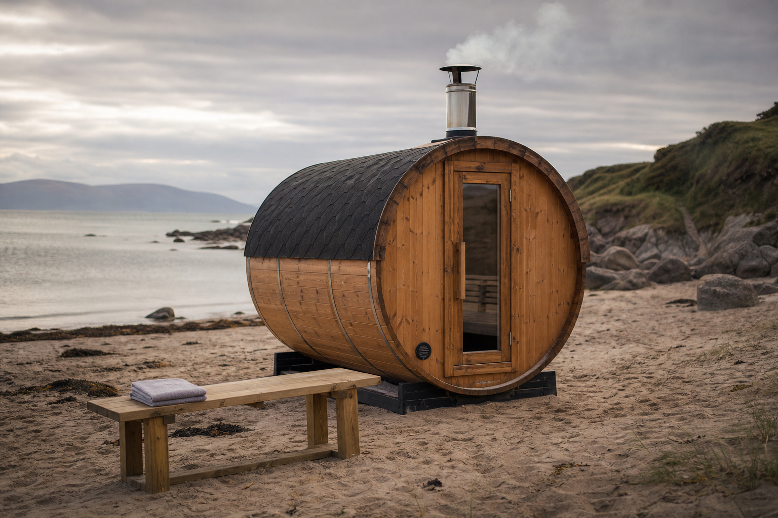 Barrel Sauna On Irish Beach With Smoke And Towel